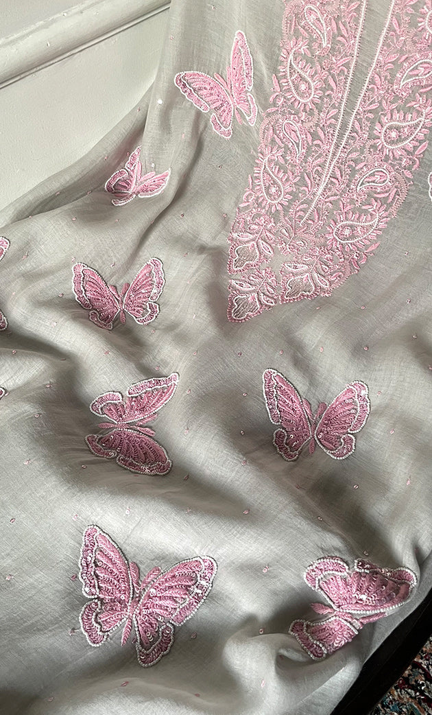 Women's Lakhnavi Handcrafted Unstitched Mul Chanderi Kurta And Dupatta Set - HONC0302863