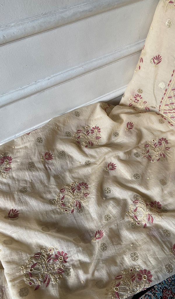 Women's Lakhnavi Handcrafted Chanderi Silk Unstitched Chikankari Full Suit - HONC0352032