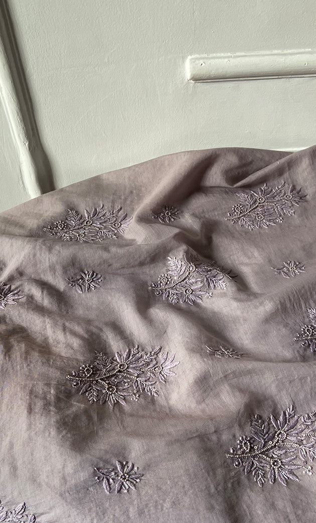 Women's Lakhnavi Handcrafted Mul Chanderi Unstitched Chikankari Full Suit Material - HONC0328112