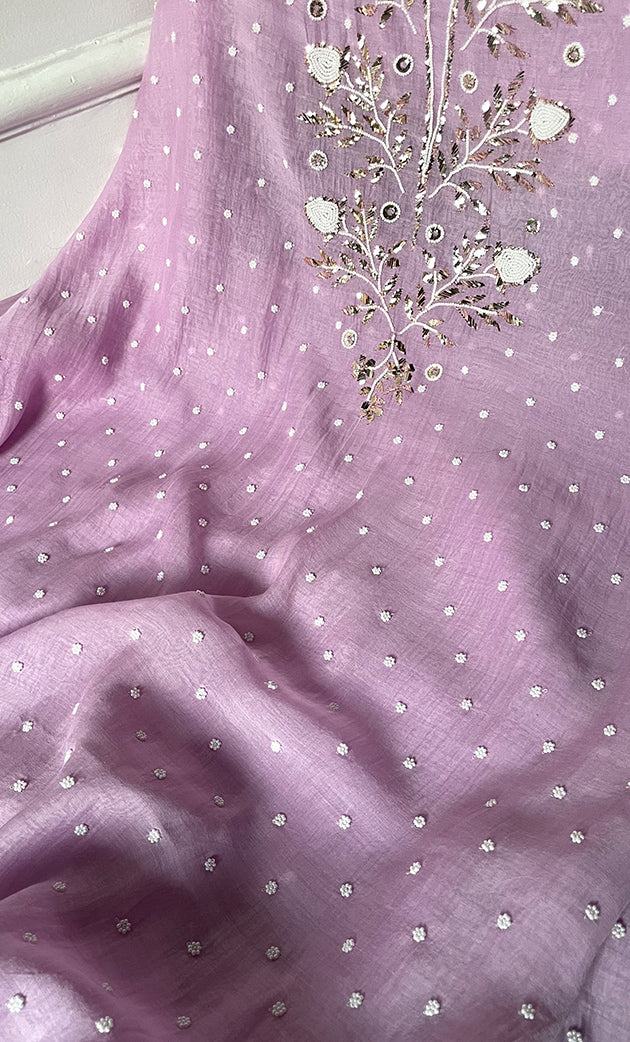 Women's Lakhnavi Handcrafted Mul Chanderi Unstitched Chikankari Full Suit Material - HONC0311945