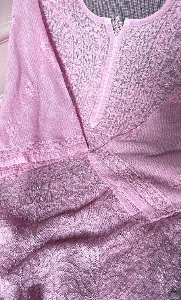 Women's Lakhnavi Handcrafted Kota Cotton Semi - Stitched Kurta And Dupatta Set- HONC0314211