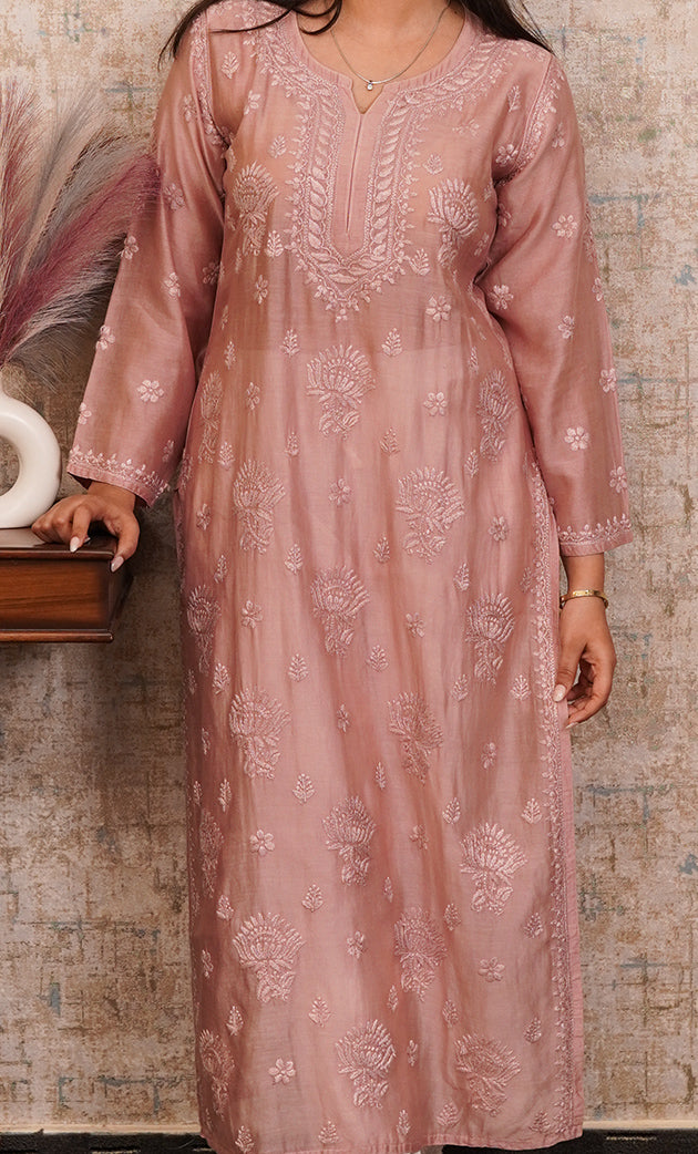 Women's Lucknowi Handcrafted Chanderi Silk Chikankari Kurti - HONC0310297