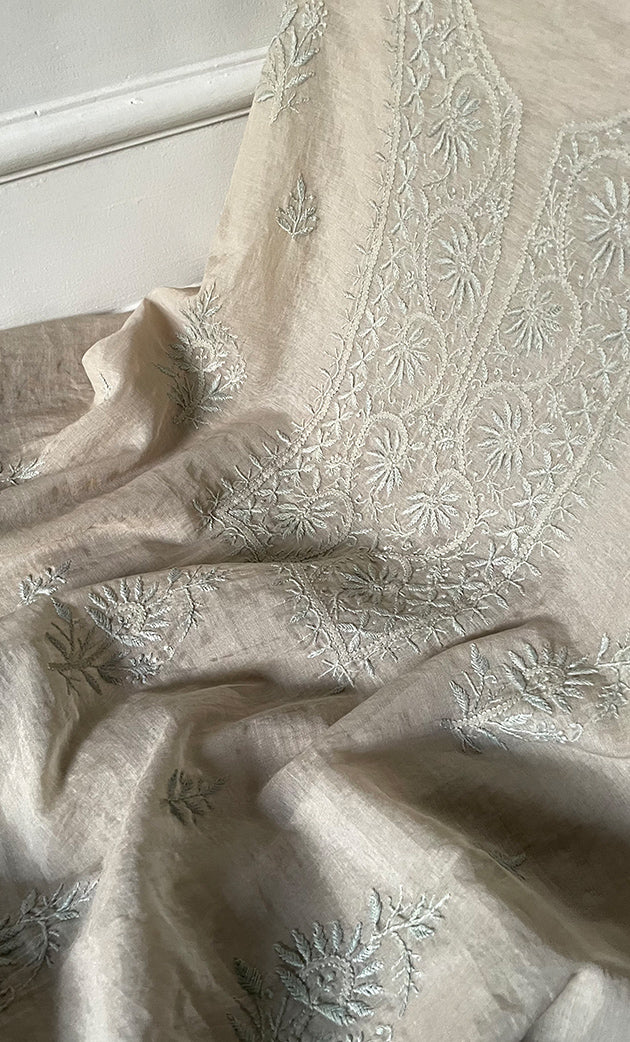 Women's Lakhnavi Handcrafted Mul Chanderi Unstitched Chikankari Full Suit Material - HONC0319537