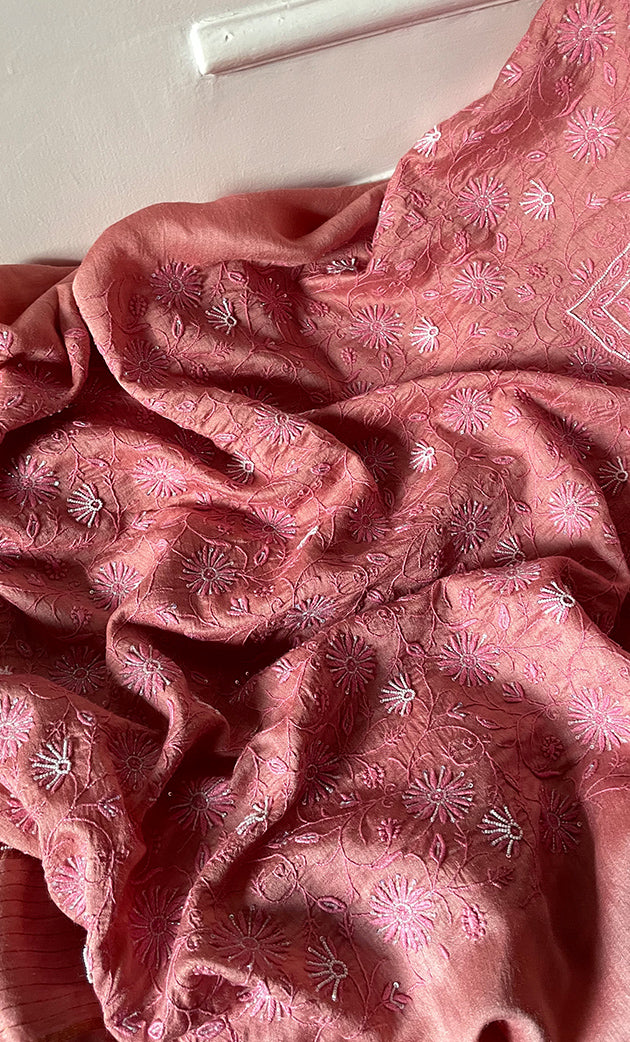 Women's Lakhnavi Handcrafted Unstitched Munga Silk Chikankari Kurta And Dupatta Set- HONC0280939