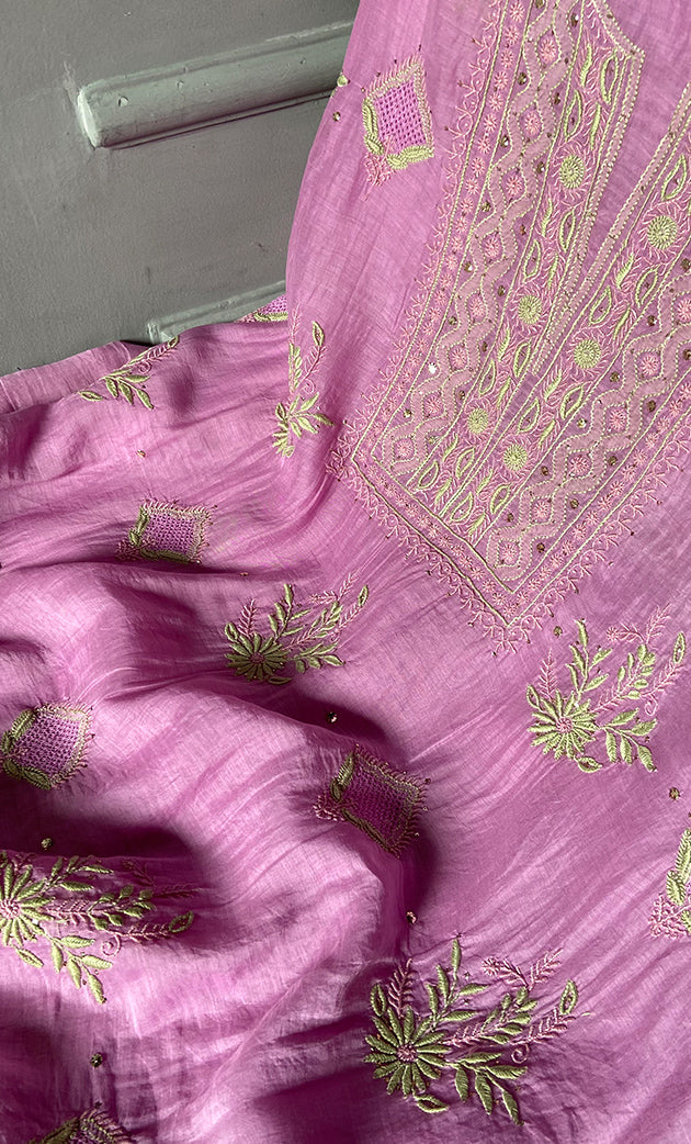 Women's Lakhnavi Handcrafted Mul Chanderi Unstitched Chikankari Full Suit Material - HONC0268520