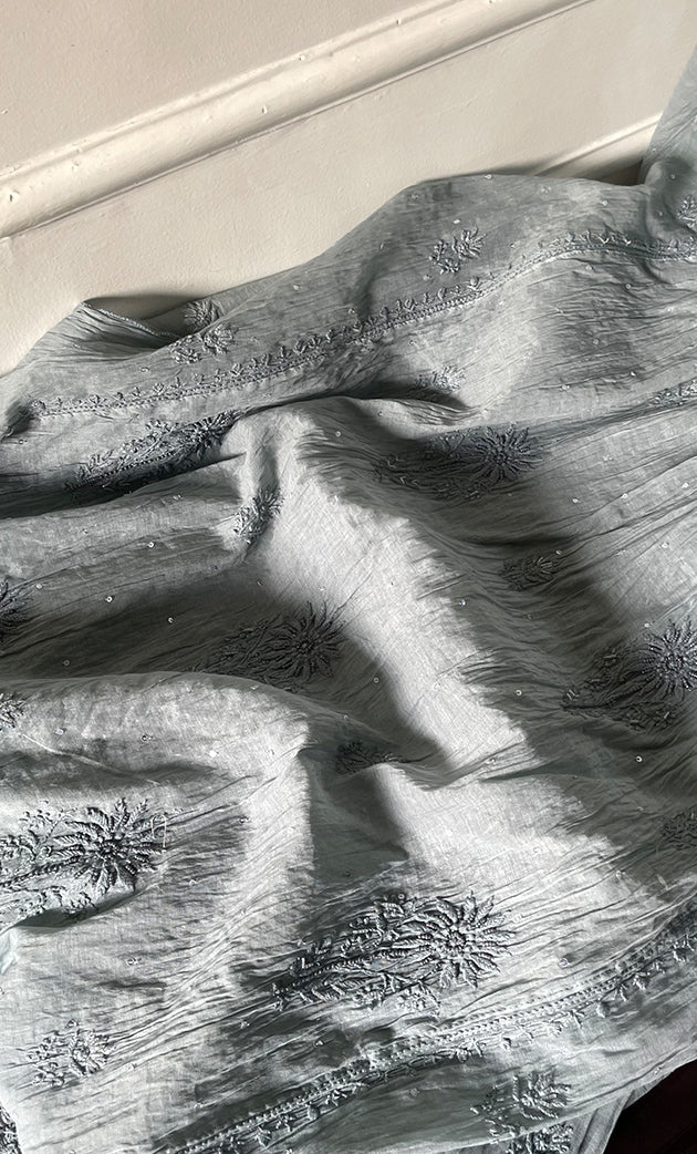 Women's Lakhnavi Handcrafted Mul Chanderi Semi - stitched Chikankari Full Suit Material - HONC0319558