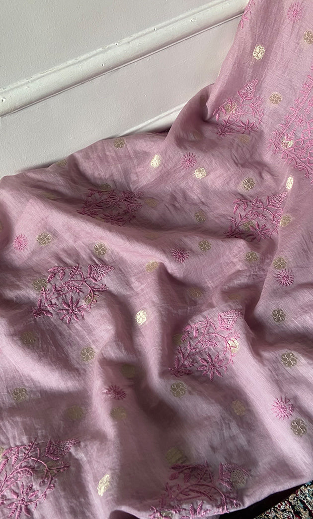 Women's Lakhnavi Handcrafted Mul Chanderi Unstitched Chikankari Full Suit Material - HONC0316859