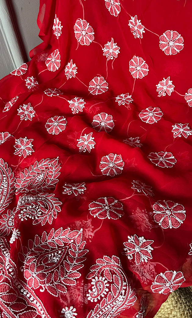 Women's Lakhnavi Handcrafted Unstitched Faux-Georgette Chikankari Suit Material - HONC0311928