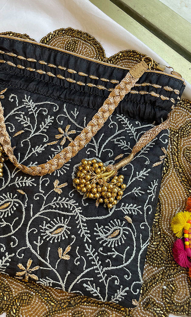 Black Chikankari Embroidered Potli Bag with Golden Bead Tassels - HONC0317191