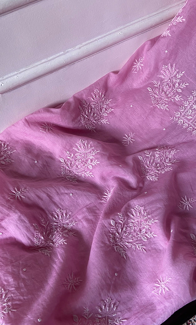 Women's Lakhnavi Handcrafted Mul Chanderi Unstitched Chikankari Full Suit Material - HONC0328324