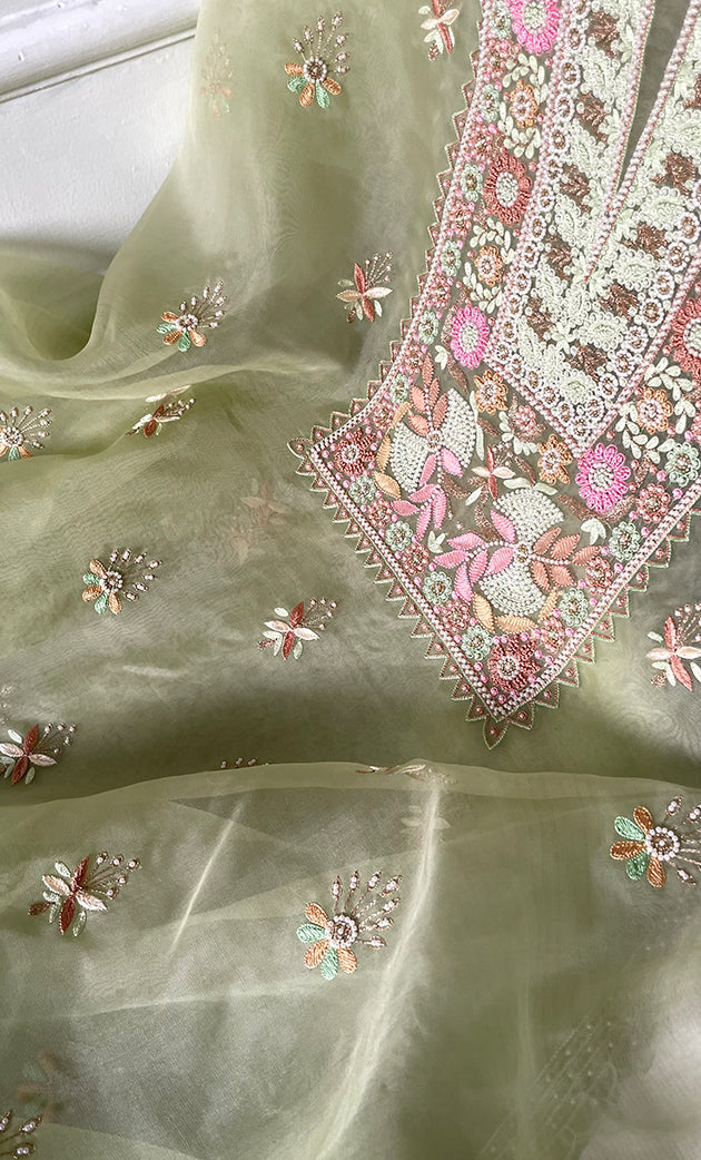 Women's Lakhnavi Handcrafted Pure Organza Chikankari Unstitched Kurta And Dupatta Set- HONC0237139