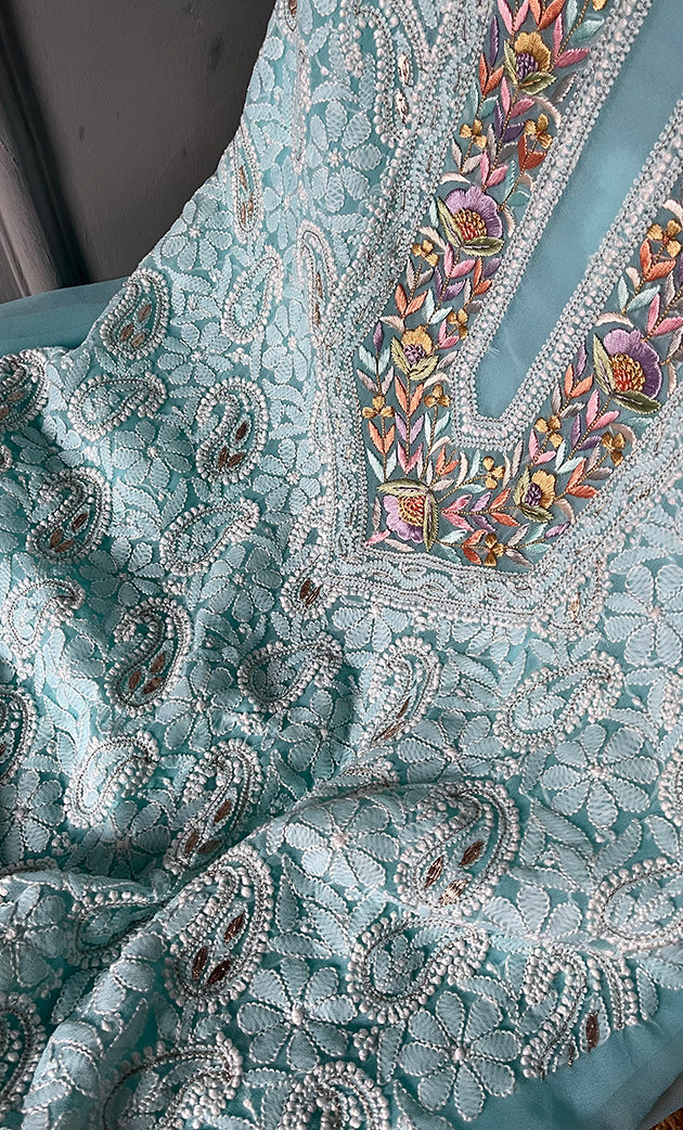 Women's Lakhnavi Handcrafted Unstitched Faux-Georgette Chikankari Suit Material - HONC0291830