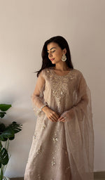 Load image into Gallery viewer, Women's Lucknowi Handcrafted Pure Organza Silk Stitched Chikankari Kurta, Dupatta With Pant Set- HONC0368443