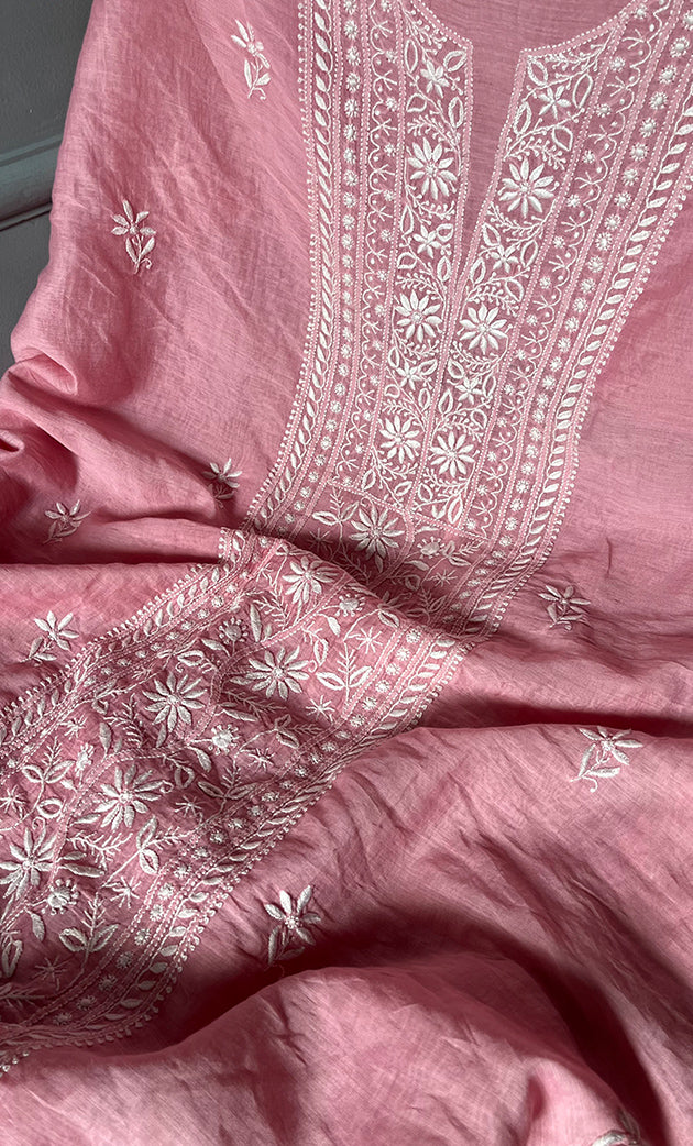 Women's Lakhnavi Handcrafted Mul Chanderi Chikankari Full Suit Material - HONC0307420