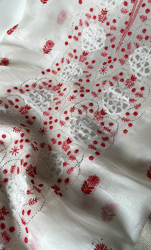 Women's Lakhnavi Handcrafted Pure Organza Chikankari Unstitched Kurta And Dupatta Set- HONC0320491