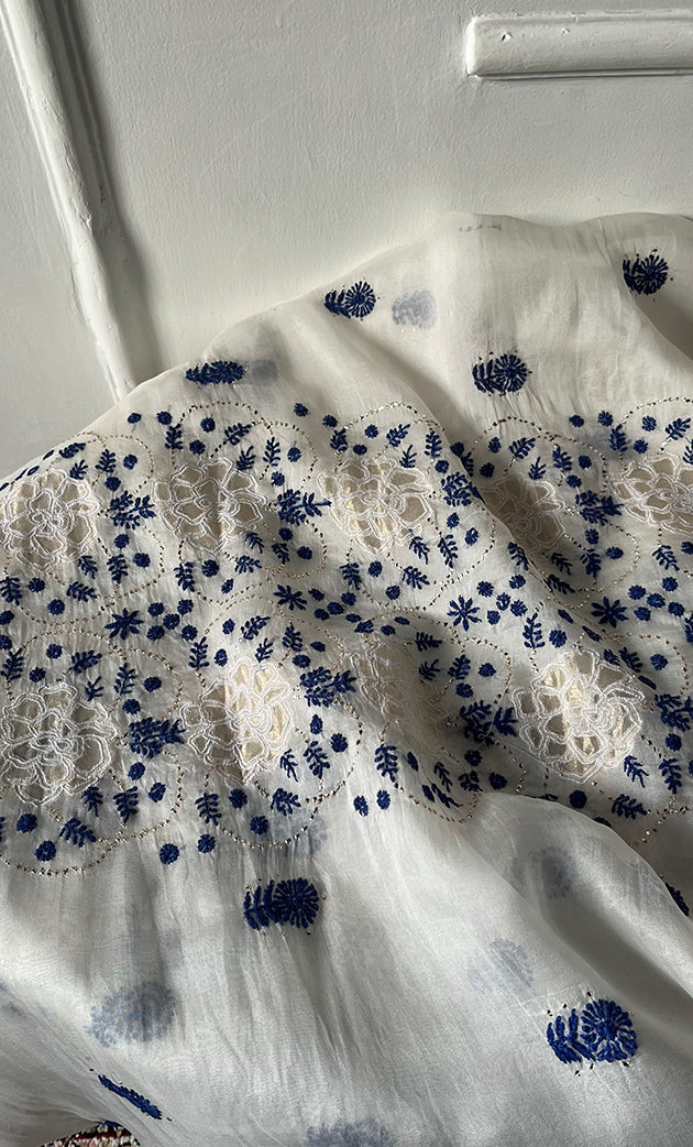 Women's Lakhnavi Handcrafted Pure Organza Chikankari Unstitched Kurta And Dupatta Set- HONC0322163