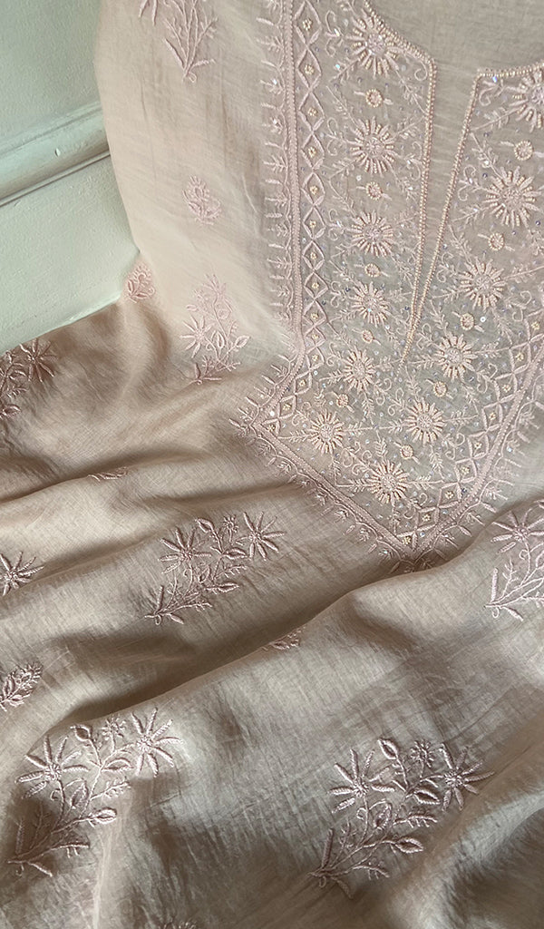Women's Lakhnavi Handcrafted Mul Chanderi Unstitched Chikankari Full Suit Material - HONC0345055