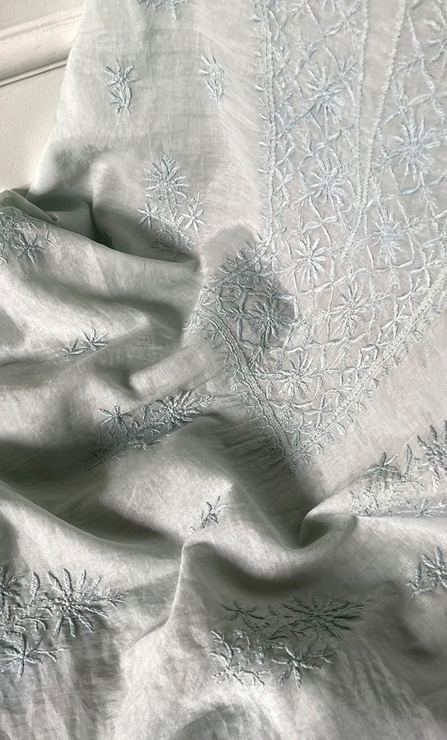 Women's Lakhnavi Handcrafted Mul Chanderi Unstitched Chikankari Full Suit Material - HONC0319538