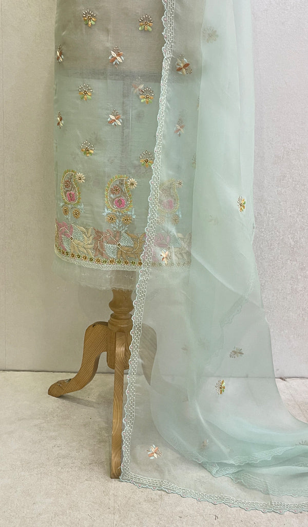 Women's Lakhnavi Handcrafted Pure Organza Chikankari Unstitched Kurta And Dupatta Set - HONC069102