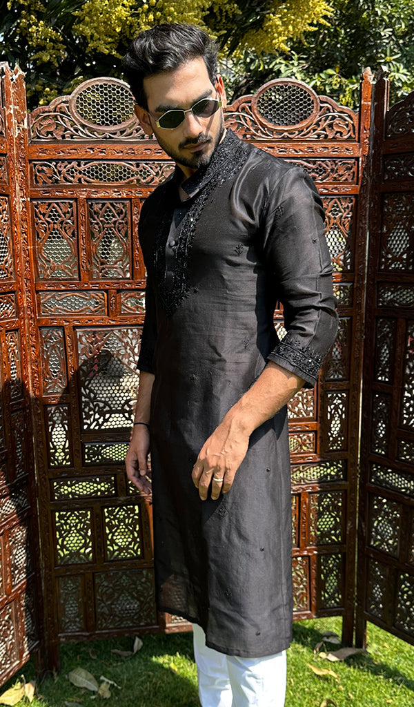 Men's Lucknowi Handcrafted Chanderi Chikankari Silk Kurta - HONC03224290