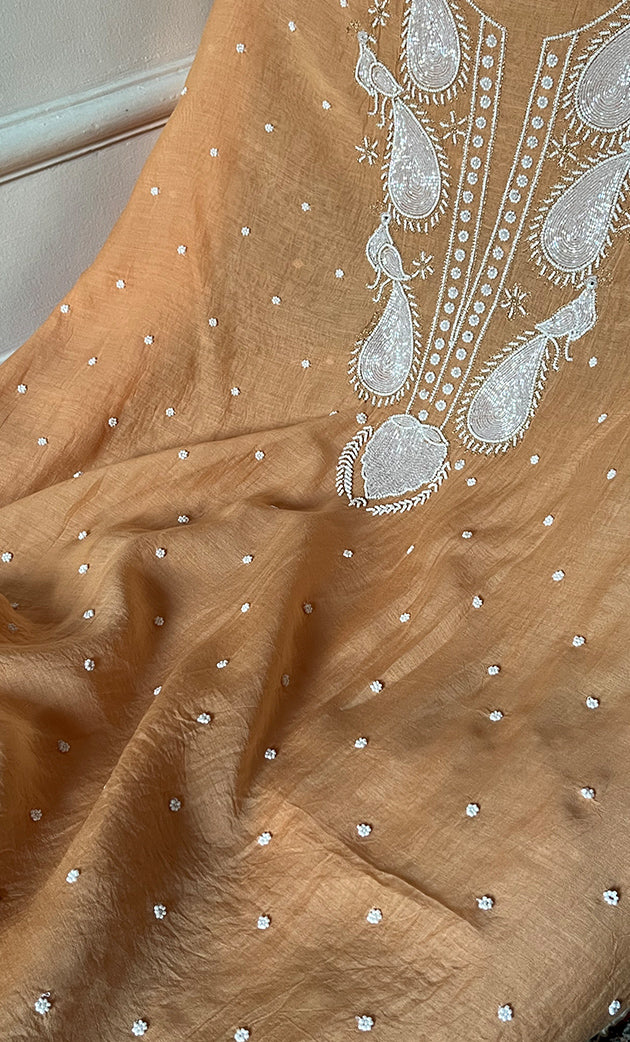 Mor Women's Lakhnavi Handcrafted Mul Chanderi Unstitched Kurta And Dupatta Set- HONC0330296