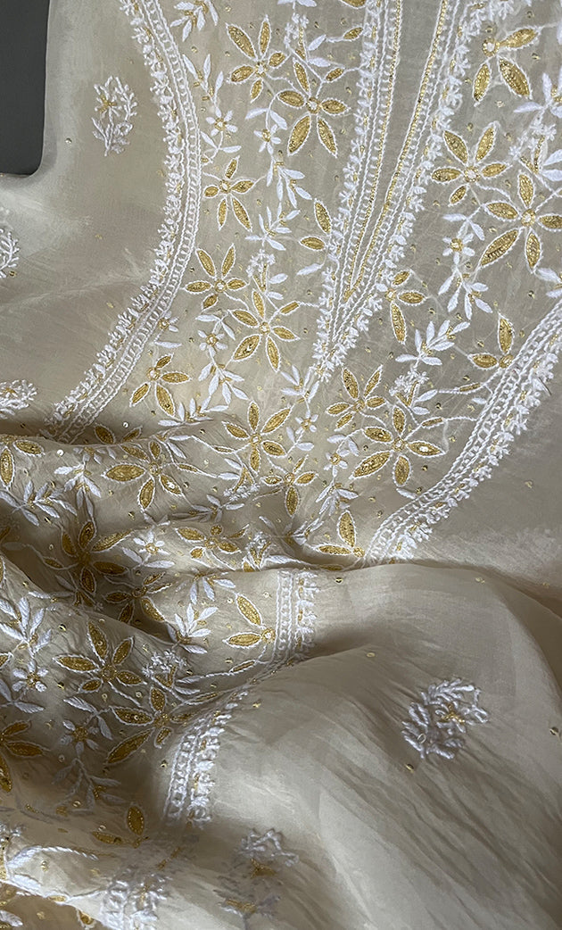 Women's Lakhnavi Handcrafted Pure Organza Chikankari Unstitched Kurta And Dupatta Set- HONC0319581
