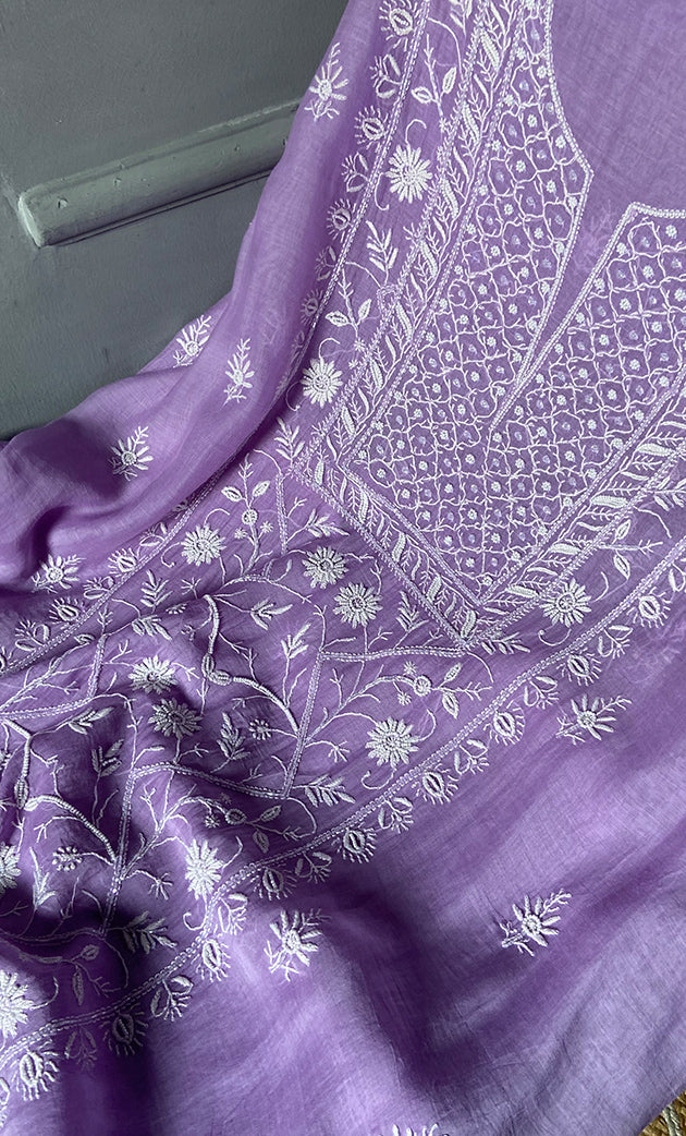 Women's Lakhnavi Handcrafted Mul Chanderi Unstitched Chikankari Full Suit Material - HONC0278008