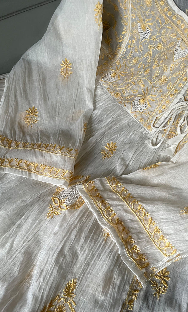 Women's Lakhnavi Handcrafted Mul Chanderi Semi - Stitched Angrakha And Dupatta Set - HONC0303234