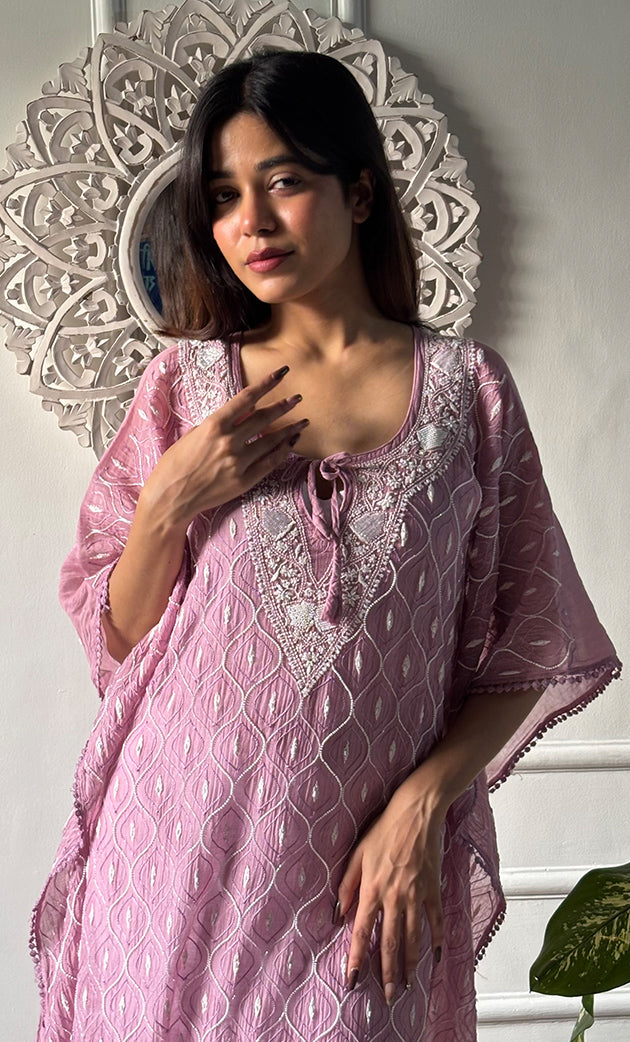 Rabia Women's Lucknowi Handcrafted Mul chanderi Chikankari Kaftan - HONC0326232