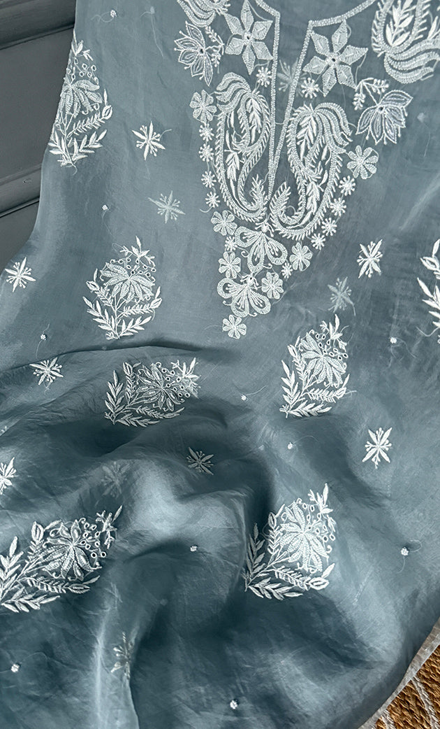 Women's Lakhnavi Handcrafted Pure Organza Chikankari Unstitched Kurta And Dupatta Set- HONC0304472