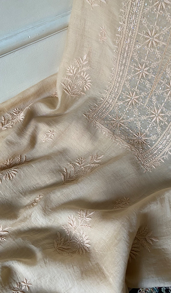 Women's Lakhnavi Handcrafted Mul Chanderi Unstitched Chikankari Full Suit Material - HONC0345053
