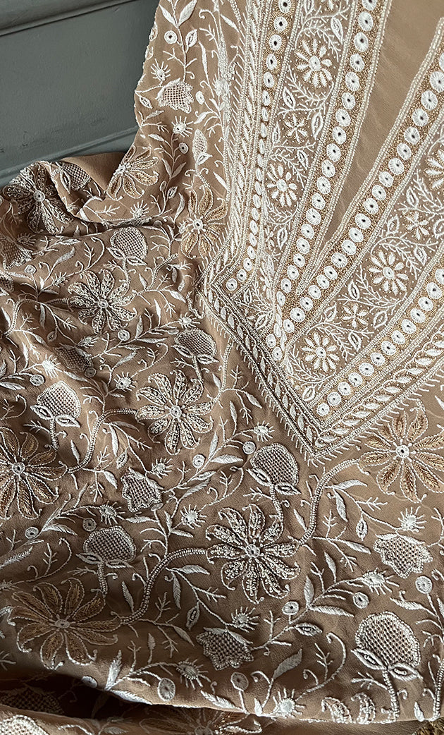 Women's Lakhnavi Handcrafted Pure Silk Georgette Chikankari Kurta And Dupatta Set - HONC0291000