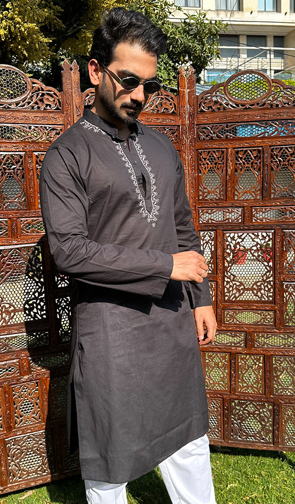 Men's Lucknowi Handcrafted Cotton Chikankari Kurta - HONC0341885