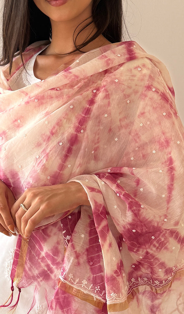 Women's Lakhnavi Handcrafted Mul Chanderi Chikankari Dupatta - HONC0320020
