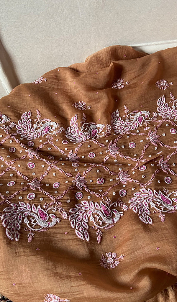 Women's Lakhnavi Handcrafted Mul Chanderi Unstitched Chikankari Full Suit Material - HONC0300387