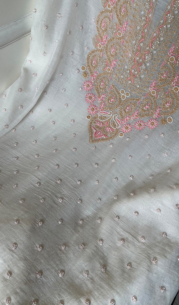Women's Lakhnavi Handcrafted Mul Chanderi Unstitched Kurta And Dupatta Set - HONC0279819