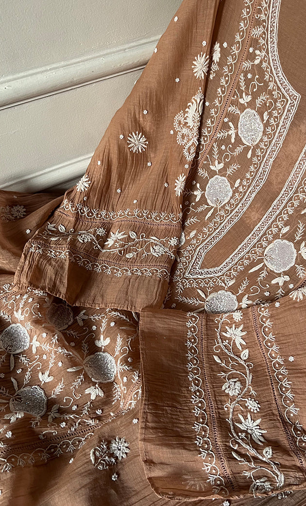 Women's Lakhnavi Handcrafted Mul Chanderi Semi - Stitched Anarkali And Dupatta Set - HONC0330160