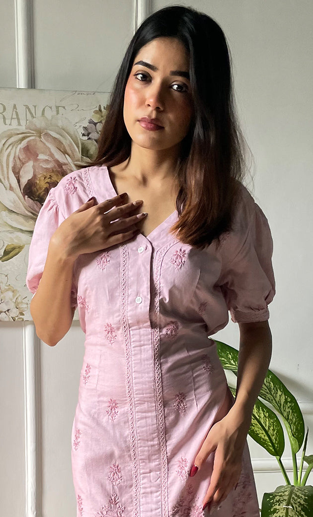 Women's Lucknowi Handcrafted Cotton Chikankari Long Dress - HONC0309318