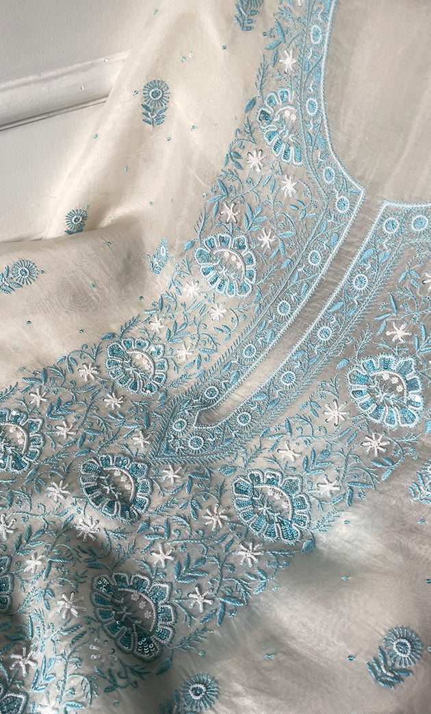 Women's Lakhnavi Handcrafted Pure Organza Chikankari Unstitched Kurta And Dupatta Set- HONC0321293