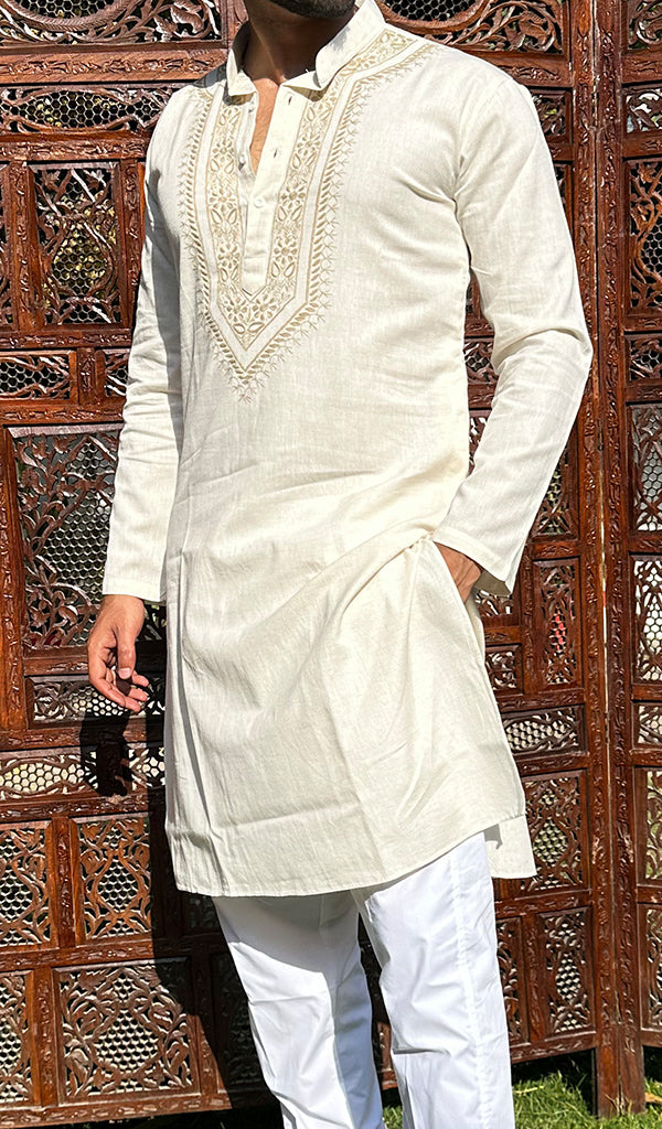 Men's Lucknowi Handcrafted Cotton Chikankari Kurta - HONC0342330