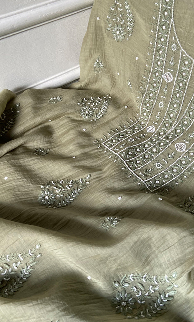 Women's Lakhnavi Handcrafted Mul Chanderi UnStitched Kurta And Dupatta Set - HONC0310811