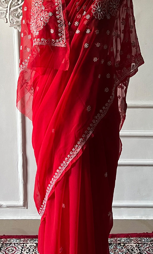 Women's Lucknowi Handcrafted  Faux-Georgette Chikankari Saree - HONC0311919