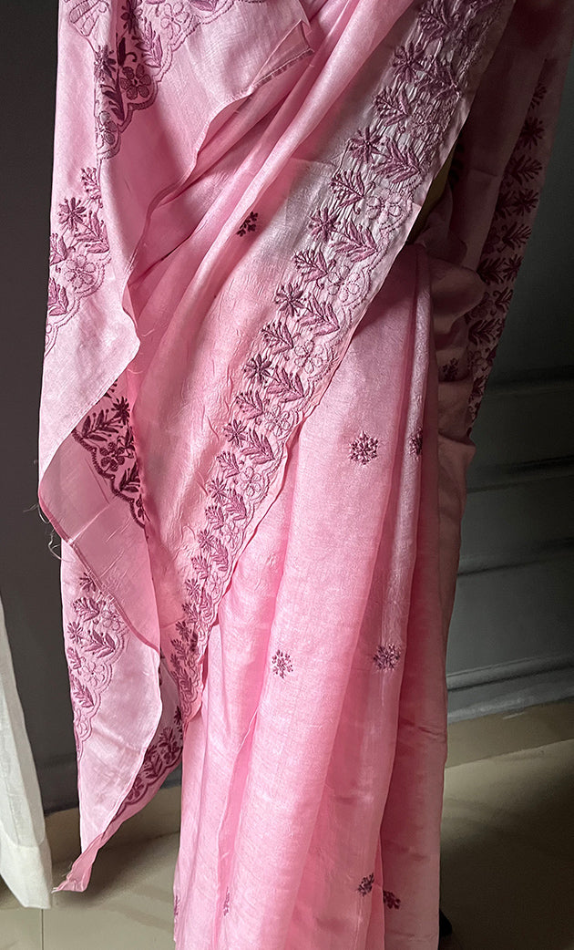 Women's Lakhnavi Handcrafted Tussar Silk Chikankari Saree - HONC0284161