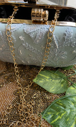 将图像加载到图库查看器中， Sky Blue Handcrafted Chikankari Clutch with Golden Chain - HONC0232412
