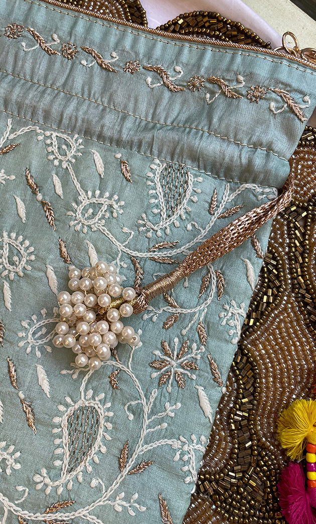 Green Chikankari Embroidered Potli Bag with White Bead Tassels - HONC0317196