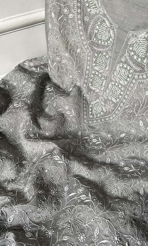 Women's Lakhnavi Handcrafted Unstitched Munga Silk Chikankari Kurta And Dupatta Set- HONC0285381