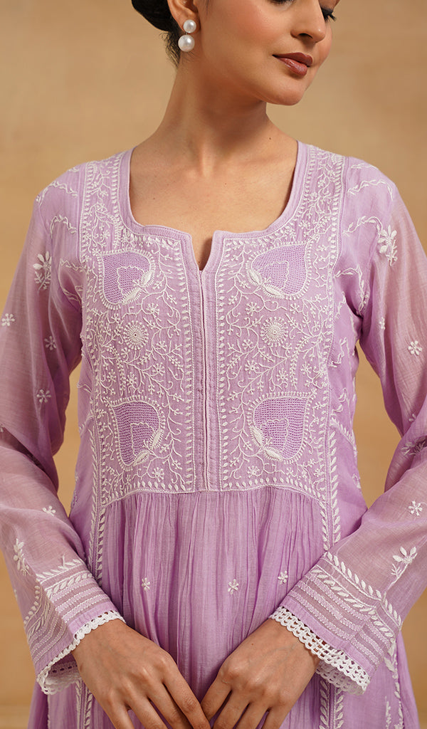 Women's Lakhnavi Handcrafted Mul Chanderi Chikankari Stitched Kurta, Dupatta And Pant Set - HONC0565464