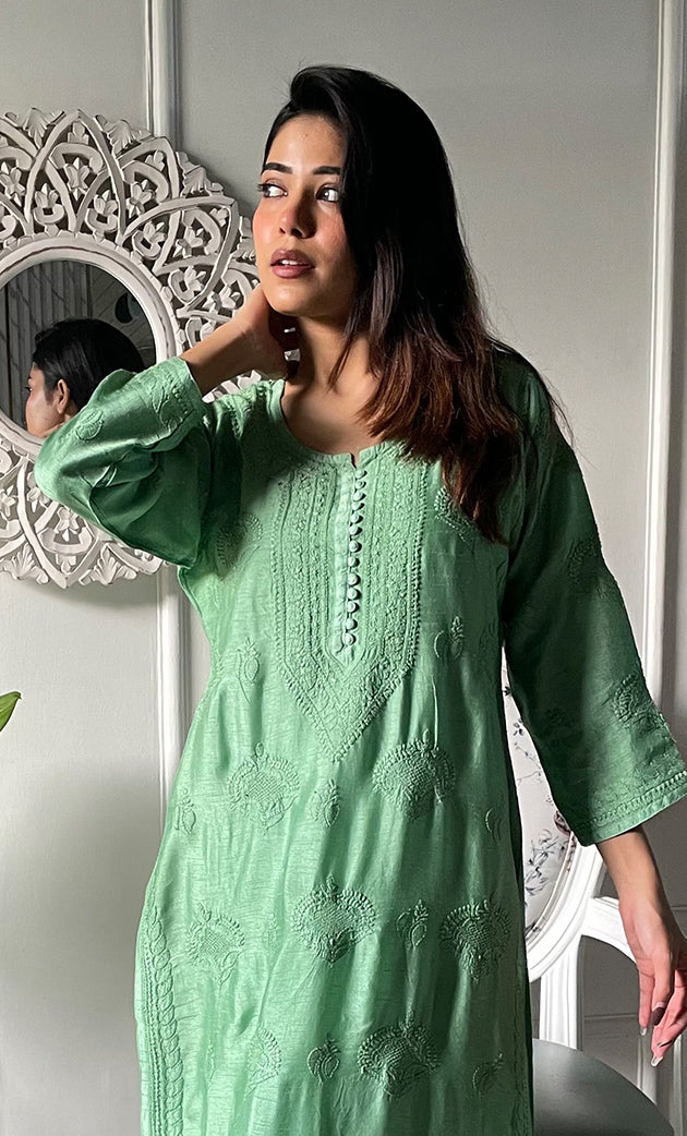 Women's Lucknowi Handcrafted Raw silk Chikankari Kurti - HONC0329791