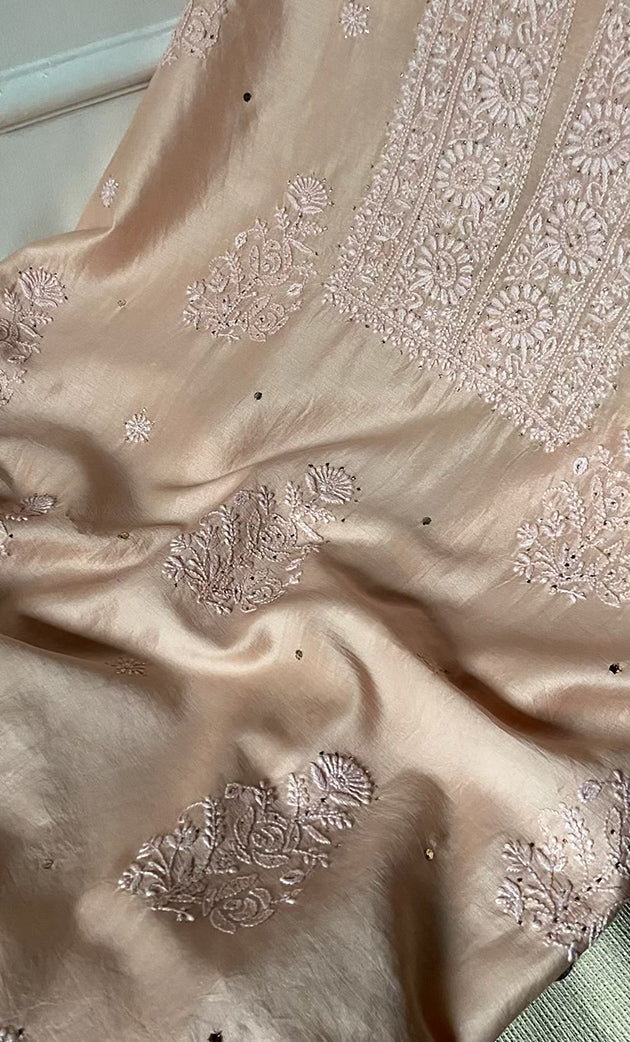Women's Lakhnavi Handcrafted Chanderi Silk  Unstitched  Chikankari Kurta And Dupatta Set - HONC0290030
