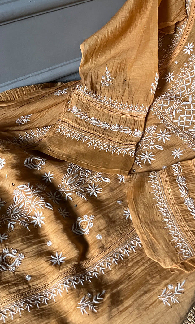 Women's Lakhnavi Handcrafted Mul Chanderi Semi - Stitched Kurta And Dupatta Set - HONC0284760